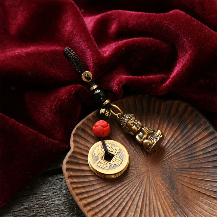 Buddha Stones Brass Buddha Five Emperor Coins Braided Cord Compassion Keychains - image 14