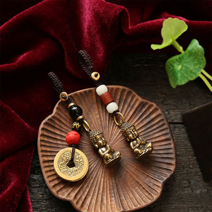 Buddha Stones Brass Buddha Five Emperor Coins Braided Cord Compassion Keychains - image 18