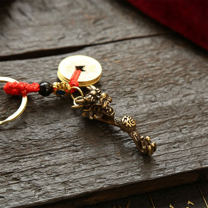 Buddha Stones Brass Dragon Ruyi Five Emperor Coins Success Keychains - image 3
