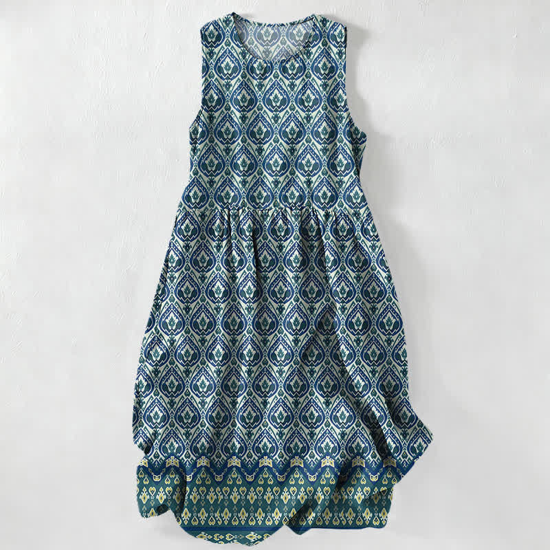 Buddha Stones Summer Casual Bohemian Ikat Geometric Pattern Women's Summer Sleeveless Midi Dress With Pockets - SteelBlue - US16，UK/AU20，EU48 (3XL) - image 4