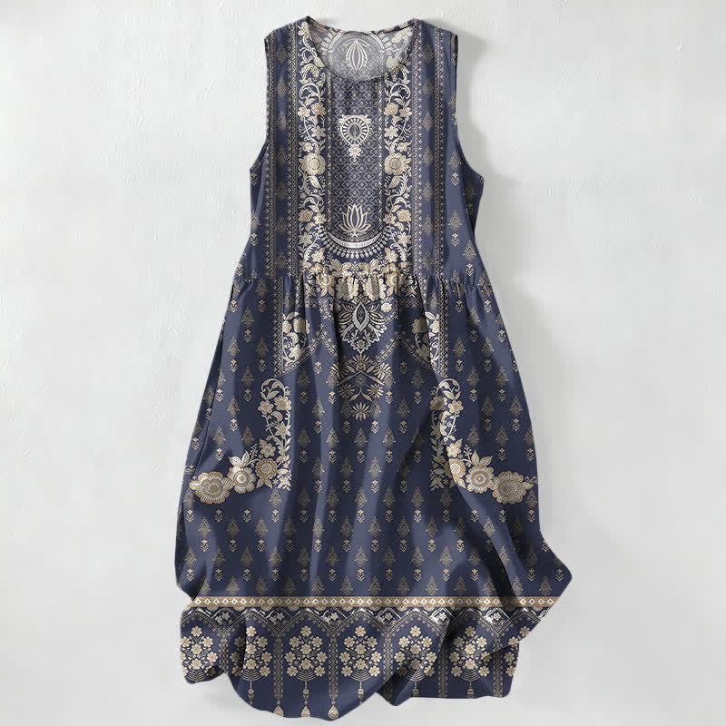 Buddha Stones Summer Casual Boho Ethnic Medallion Pattern Women's Summer Sleeveless Midi Dress With Pockets - Navy - US16，UK/AU20，EU48 (3XL) - image 5
