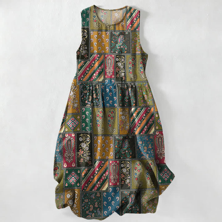 Buddha Stones Summer Casual Olive Patchwork Paisley Floral Pattern Women's Summer Sleeveless Midi Dress With Pockets - OliveDrab - US16，UK/AU20，EU48 (3XL) - image 0