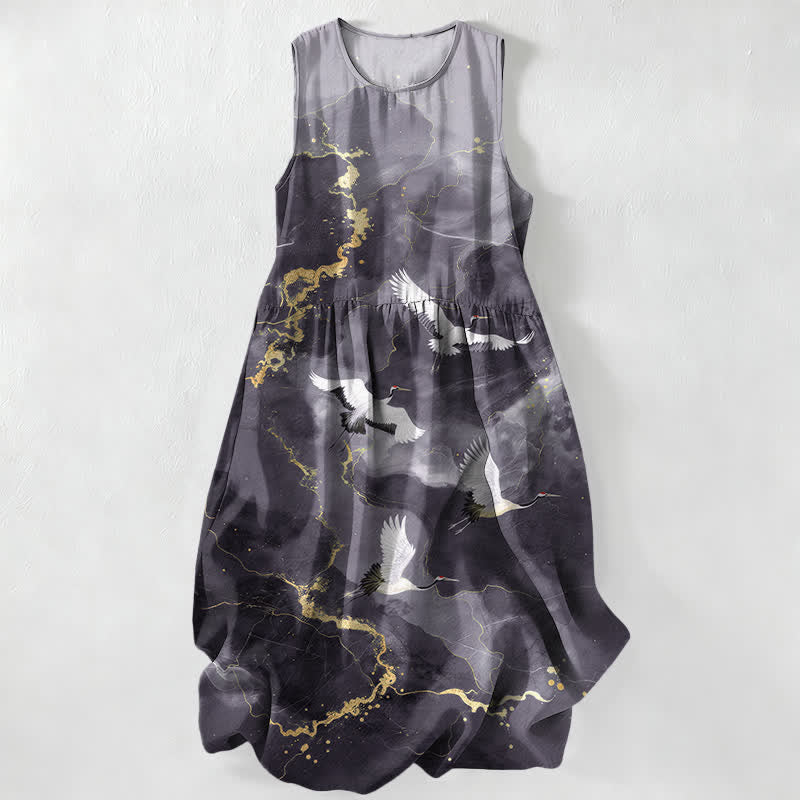 Buddha Stones Summer Casual White Crane Gold Marble Pattern Women's Summer Sleeveless Midi Dress With Pockets - DimGray - US16，UK/AU20，EU48 (3XL) - image 4