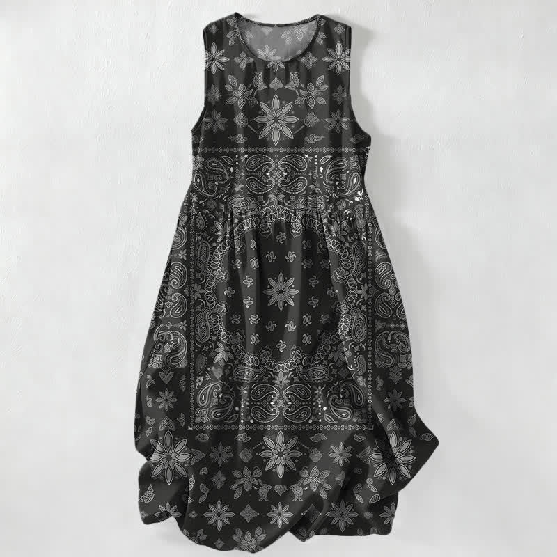 Buddha Stones Summer Casual Bandana Paisley Floral Pattern Women's Summer Sleeveless Midi Dress With Pockets - Black - US16，UK/AU20，EU48 (3XL) - image 0