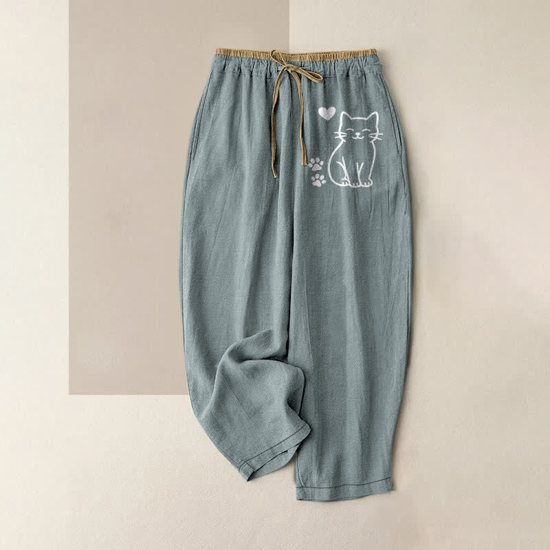 Buddha Stones Pure Cotton Cute Cat Heart Paw Print Pattern Women's Elastic Waist Pants With Pockets - CadetBlue - US16，UK/AU20，EU48 (3XL) - image 4