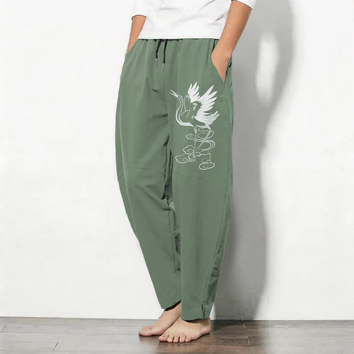 Buddha Stones Pure Cotton White Crane Pattern Drawstring Men's Tapered Pants With Pockets - image 8