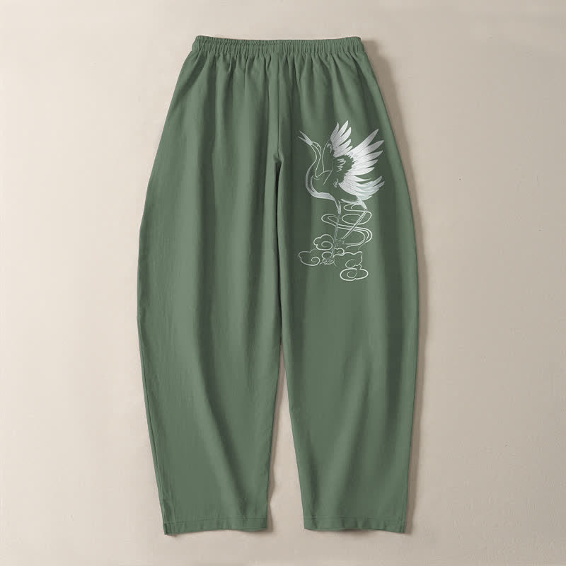 Buddha Stones Pure Cotton White Crane Pattern Drawstring Men's Tapered Pants With Pockets - image 10