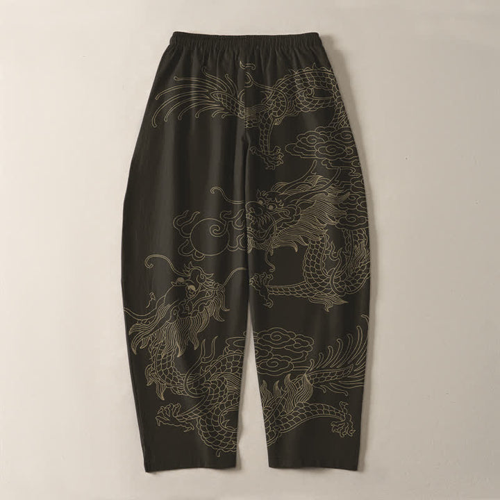 Buddha Stones Pure Cotton Golden Dragon Cloud Pattern Drawstring Men's Tapered Pants With Pockets - Black - US/UK/AU50，EU60 (5XL) - image 3