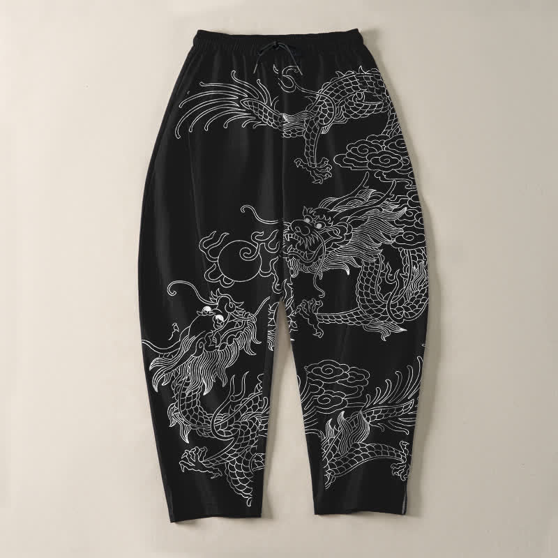 Buddha Stones Pure Cotton Golden Dragon Cloud Pattern Drawstring Men's Tapered Pants With Pockets - image 9