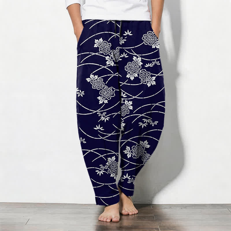 Buddha Stones Pure Cotton White Floral Vine Pattern Drawstring Men's Tapered Pants With Pockets - Navy - US/UK/AU50，EU60 (5XL) - image 0