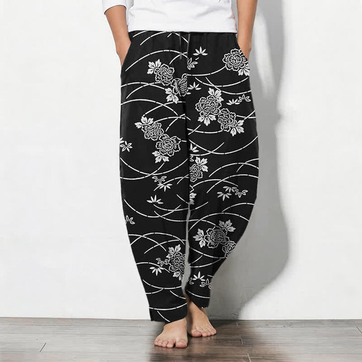 Buddha Stones Pure Cotton White Floral Vine Pattern Drawstring Men's Tapered Pants With Pockets - Black - US/UK/AU50，EU60 (5XL) - image 7