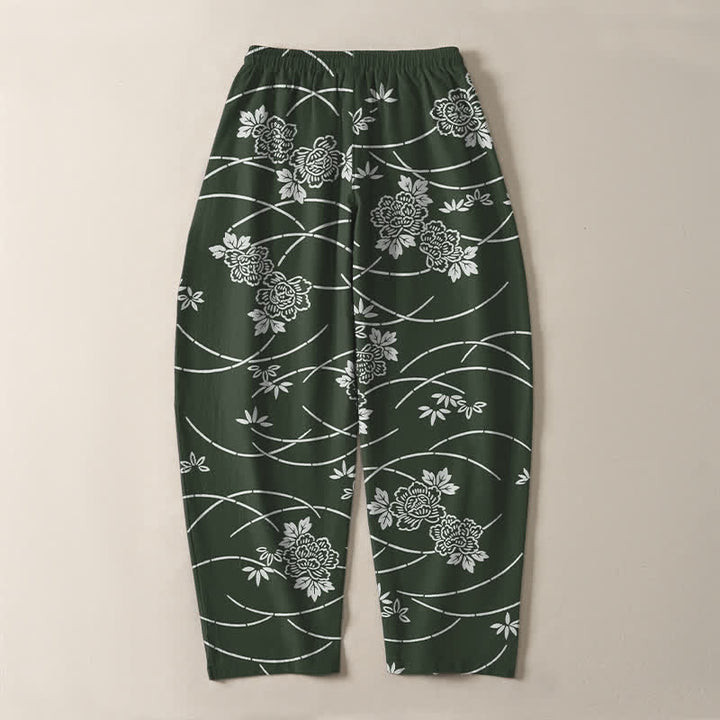 Buddha Stones Pure Cotton White Floral Vine Pattern Drawstring Men's Tapered Pants With Pockets - image 14