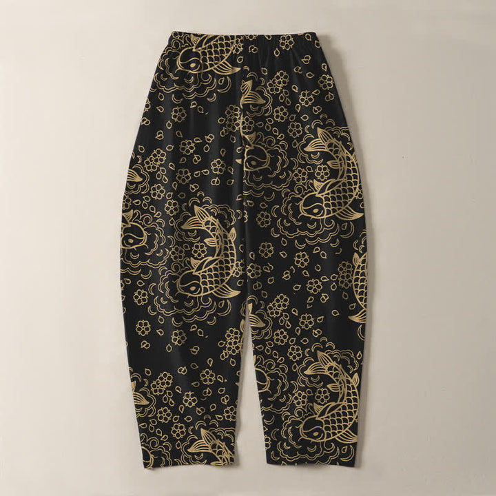 Buddha Stones Pure Cotton Golden Koi Fish Floral Pattern Drawstring Men's Tapered Pants With Pockets - image 3