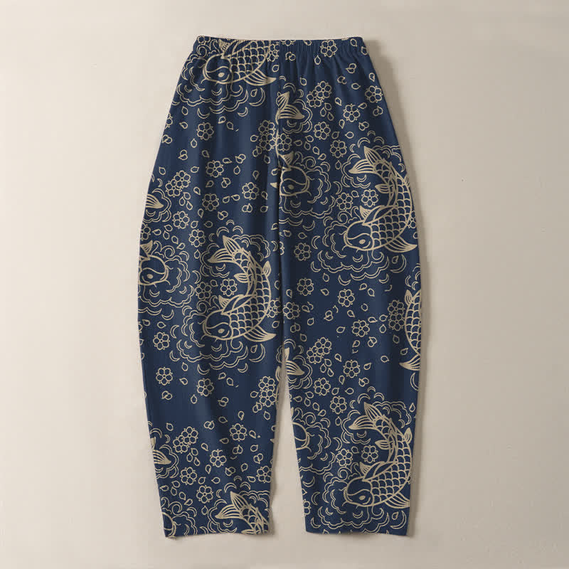Buddha Stones Pure Cotton Golden Koi Fish Floral Pattern Drawstring Men's Tapered Pants With Pockets - image 10