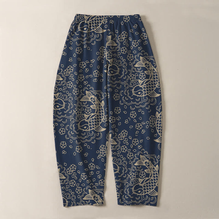 Buddha Stones Pure Cotton Golden Koi Fish Floral Pattern Drawstring Men's Tapered Pants With Pockets - image 10