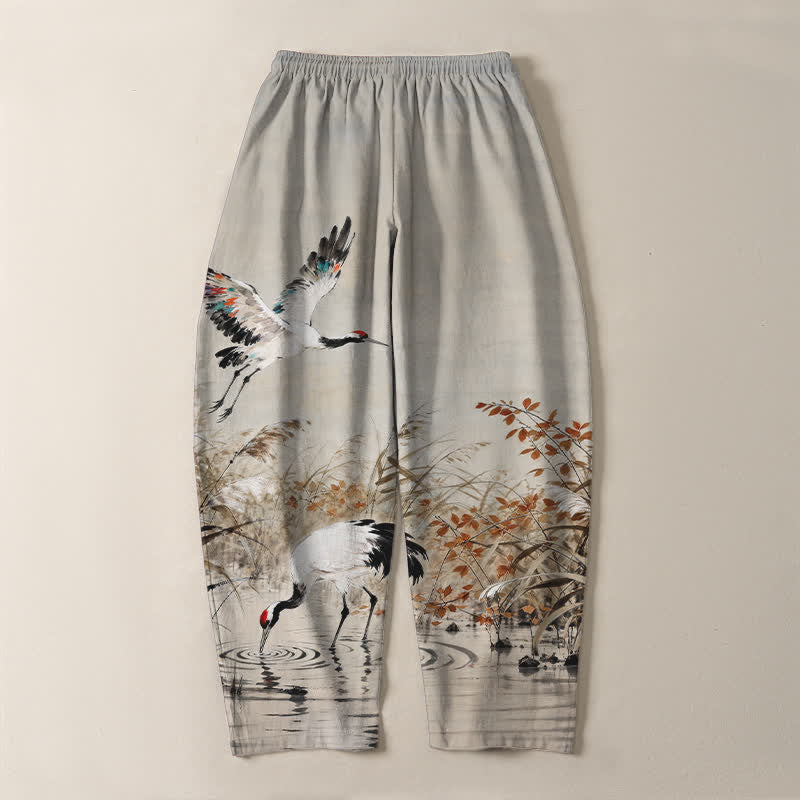 Buddha Stones Pure Cotton Ink Wash Crane Reeds Pattern Drawstring Men's Tapered Pants With Pockets - image 3