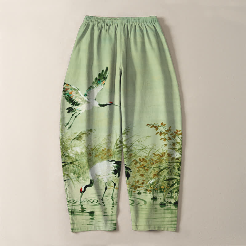 Buddha Stones Pure Cotton Ink Wash Crane Reeds Pattern Drawstring Men's Tapered Pants With Pockets - image 17