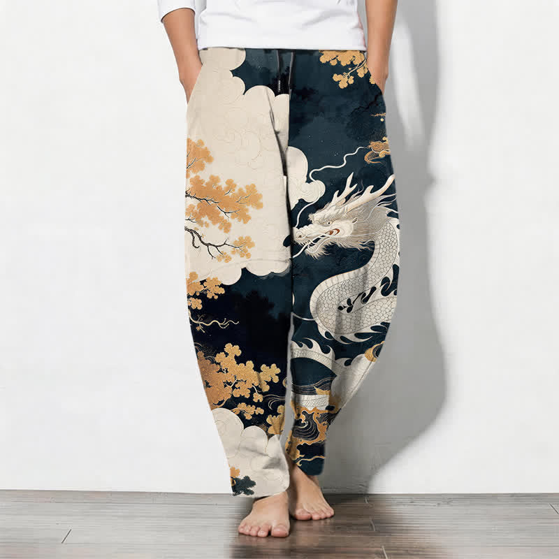 Buddha Stones Pure Cotton Eastern Dragon Cloud Pattern Drawstring Men's Tapered Pants With Pockets - Navy - US/UK/AU50，EU60 (5XL) - image 0