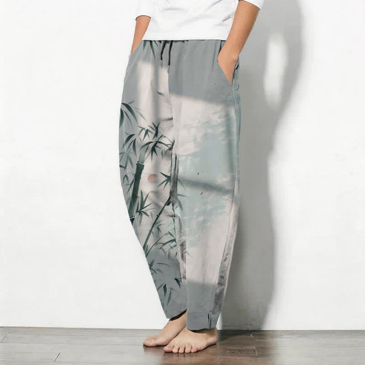 Buddha Stones Pure Cotton Ink Bamboo Pattern Drawstring Men's Tapered Pants With Pockets - image 8
