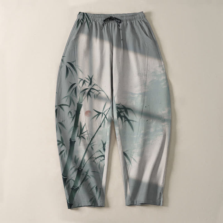 Buddha Stones Pure Cotton Ink Bamboo Pattern Drawstring Men's Tapered Pants With Pockets - image 9