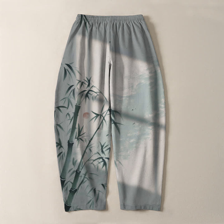 Buddha Stones Pure Cotton Ink Bamboo Pattern Drawstring Men's Tapered Pants With Pockets - image 10