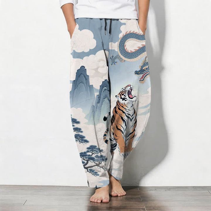 Buddha Stones Pure Cotton Tiger Dragon Landscape Pattern Drawstring Men's Tapered Pants With Pockets - LightBlue - US/UK/AU50，EU60 (5XL) - image 14