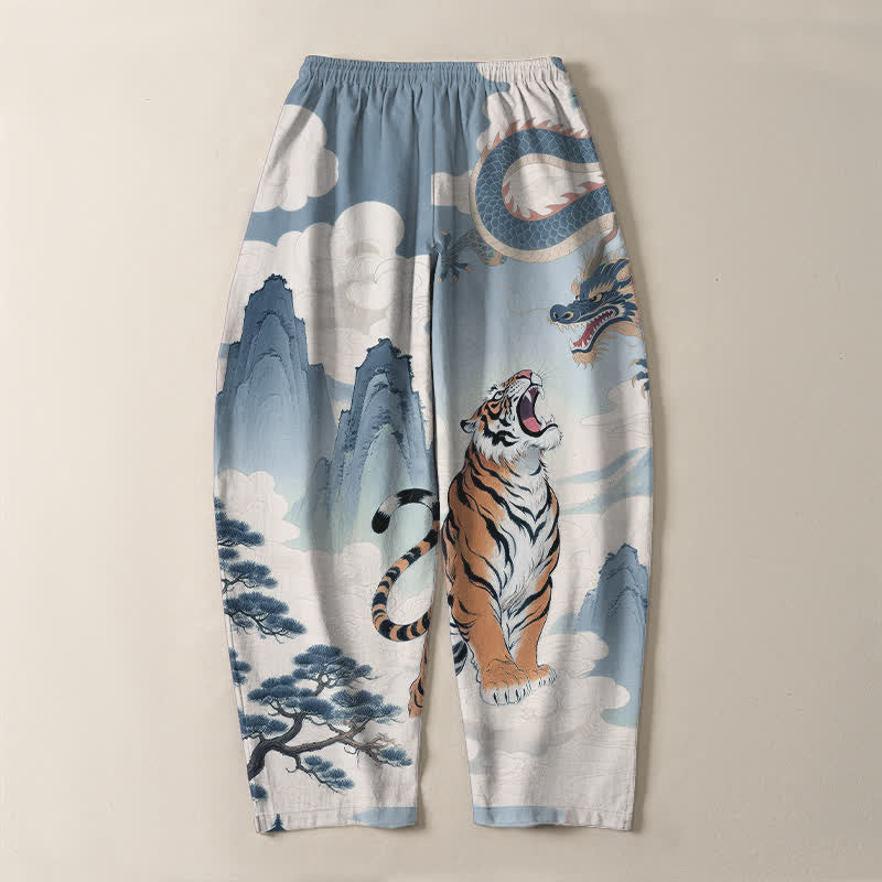 Buddha Stones Pure Cotton Tiger Dragon Landscape Pattern Drawstring Men's Tapered Pants With Pockets - image 17