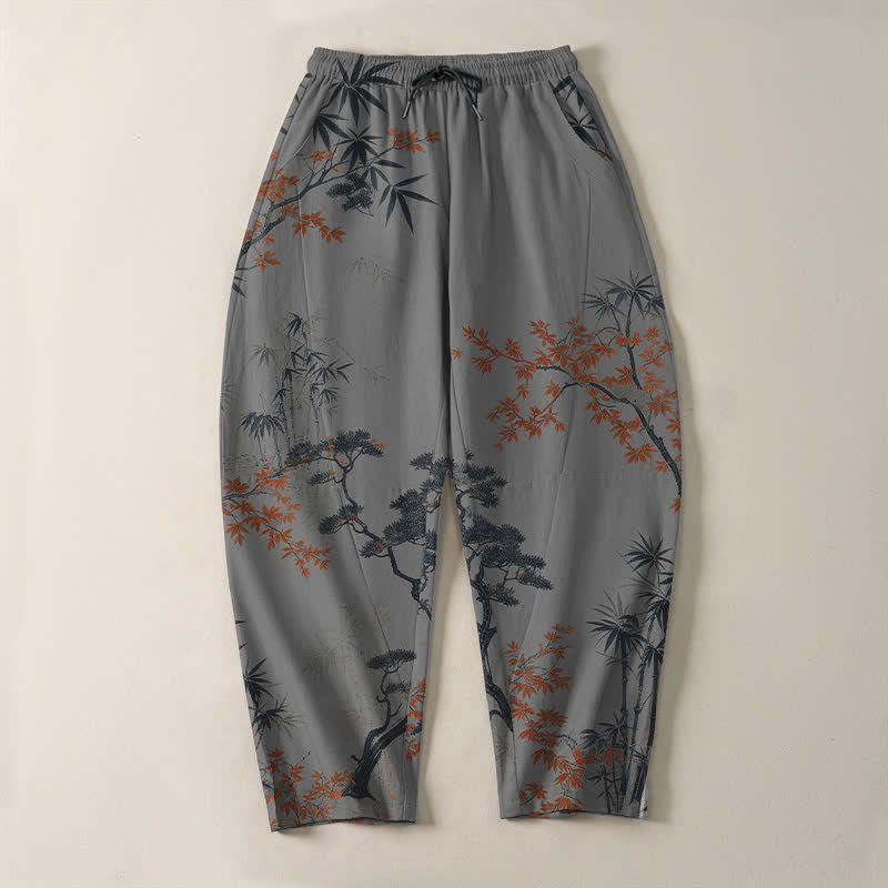 Buddha Stones Pure Cotton Maple Bamboo Pine Pattern Drawstring Men's Tapered Pants With Pockets - image 9