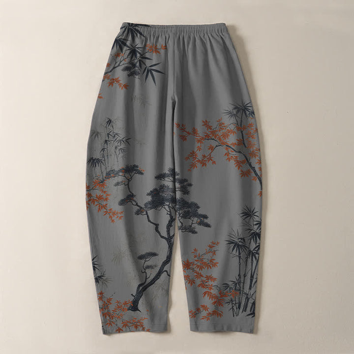 Buddha Stones Pure Cotton Maple Bamboo Pine Pattern Drawstring Men's Tapered Pants With Pockets - image 10