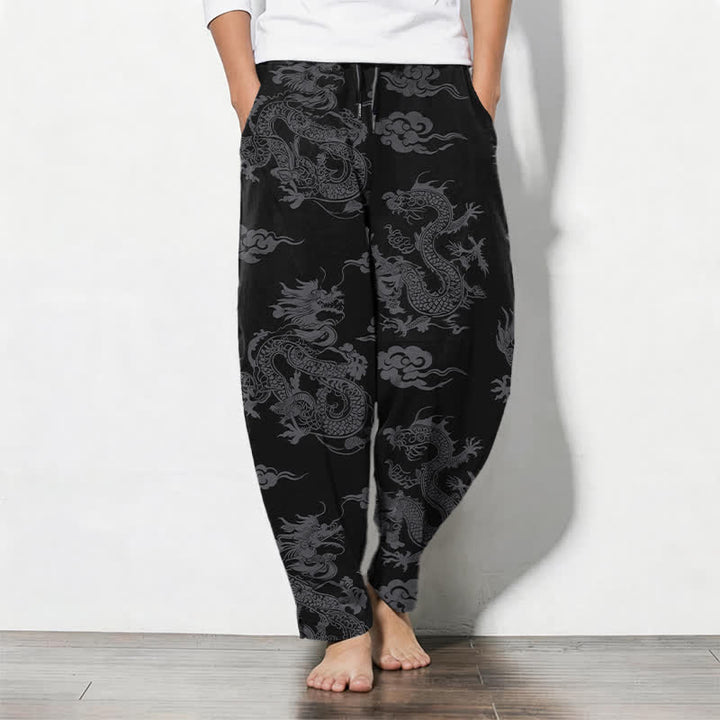 Buddha Stones Pure Cotton Dark Dragon Cloud Pattern Drawstring Men's Tapered Pants With Pockets - Black - US/UK/AU50，EU60 (5XL) - image 0