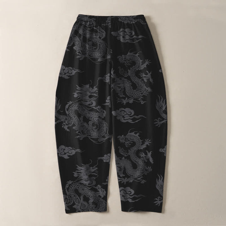 Buddha Stones Pure Cotton Dark Dragon Cloud Pattern Drawstring Men's Tapered Pants With Pockets - image 3