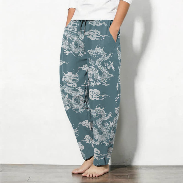Buddha Stones Pure Cotton Dark Dragon Cloud Pattern Drawstring Men's Tapered Pants With Pockets - image 8