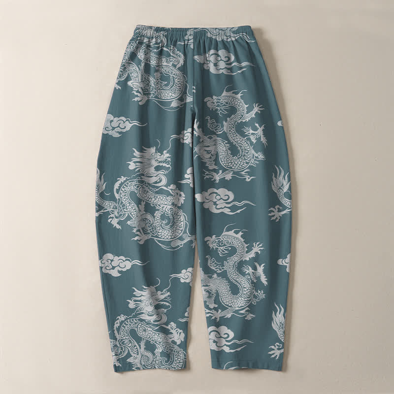 Buddha Stones Pure Cotton Dark Dragon Cloud Pattern Drawstring Men's Tapered Pants With Pockets - image 10