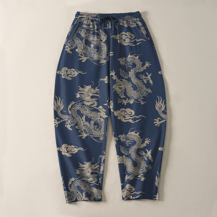 Buddha Stones Pure Cotton Dark Dragon Cloud Pattern Drawstring Men's Tapered Pants With Pockets - image 13