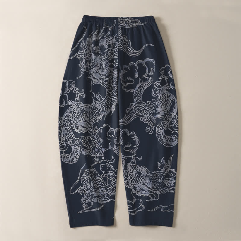 Buddha Stones Pure Cotton Dragon Cloud Pattern Drawstring Men's Tapered Pants With Pockets - image 3