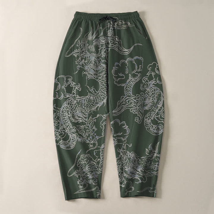 Buddha Stones Pure Cotton Dragon Cloud Pattern Drawstring Men's Tapered Pants With Pockets - image 9