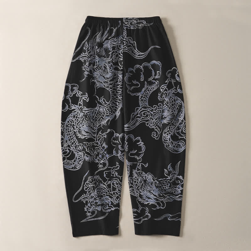 Buddha Stones Pure Cotton Dragon Cloud Pattern Drawstring Men's Tapered Pants With Pockets - image 14