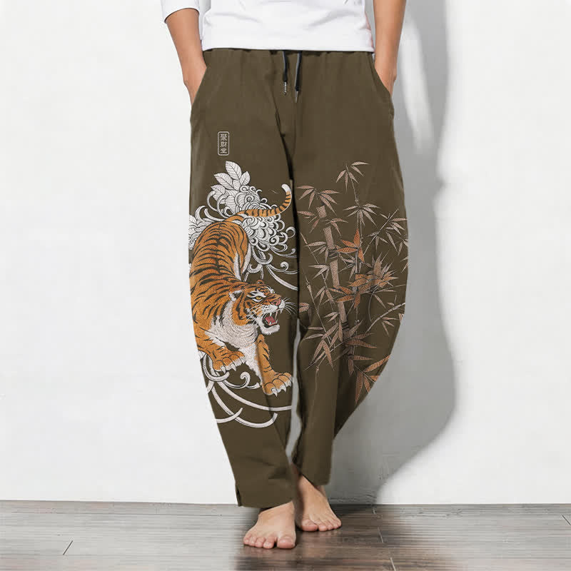 Buddha Stones Pure Cotton Roaring Tiger Bamboo Pattern Drawstring Men's Tapered Pants With Pockets - Olive - US/UK/AU50，EU60 (5XL) - image 0