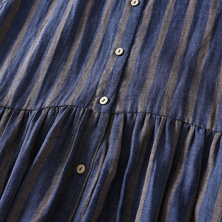 Buddha Stones Summer Casual Vintage Button-Up Striped Women's Short Sleeve Dresses With Pocket - image 2