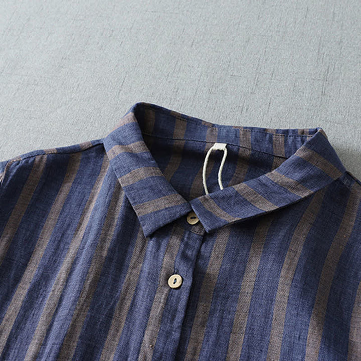 Buddha Stones Summer Casual Vintage Button-Up Striped Women's Short Sleeve Dresses With Pocket - image 1