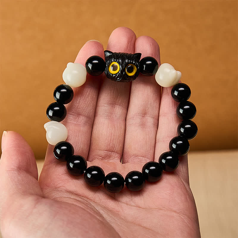 Buddha Stones Hand Carved Black Obsidian Yellow Eye Cat Head Grounding Bead Bracelet - image 5