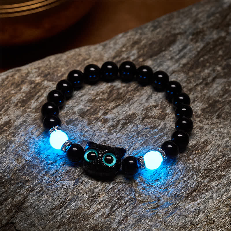 Buddha Stones Black Obsidian Cute Big Eye Cat Protection Beaded Bracelet - image 19