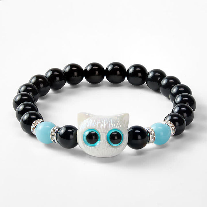 Buddha Stones Black Obsidian Cute Big Eye Cat Protection Beaded Bracelet - image 12
