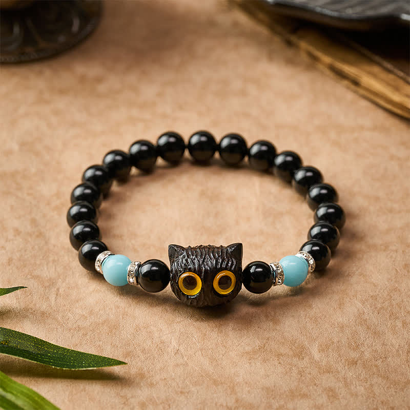 Buddha Stones Black Obsidian Hand-Carved Big Eye Cat Relief Bead Bracelet - image 2
