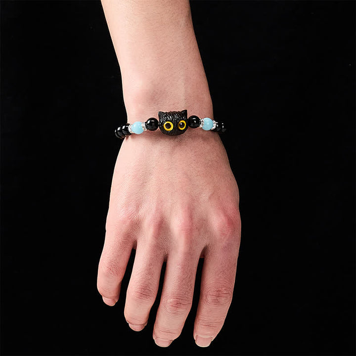 Buddha Stones Black Obsidian Hand-Carved Big Eye Cat Relief Bead Bracelet - image 5