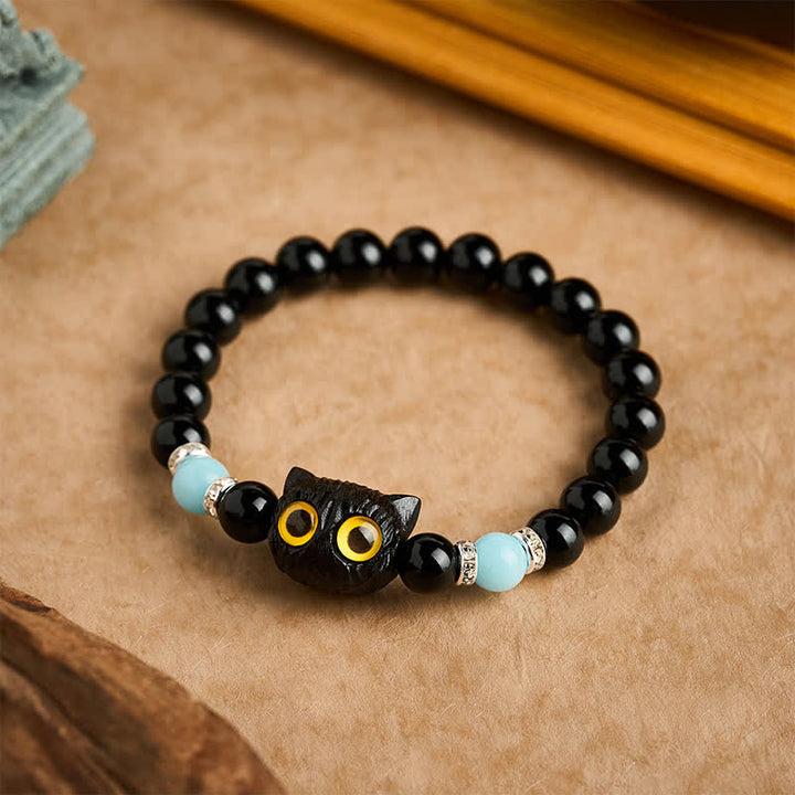 Buddha Stones Black Obsidian Hand-Carved Big Eye Cat Relief Bead Bracelet - image 11