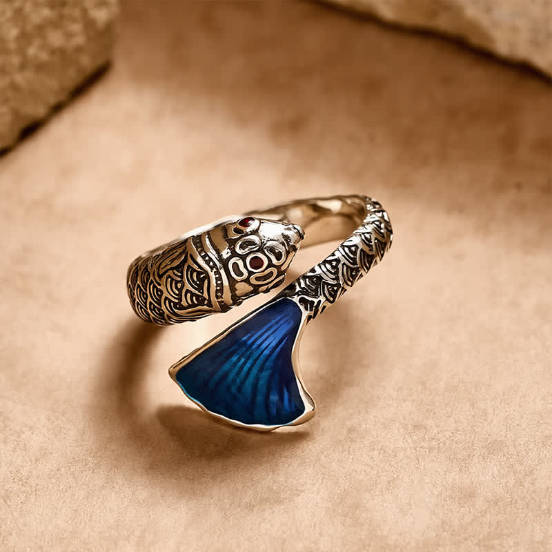 Buddha Stones Vintage Koi Fish Blue Enamel Adjustable Success Adjustable Ring - image 1
