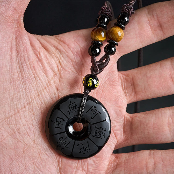 Buddha Stones Black Obsidian Namo Ami Peace Buckle Protection Engraved Necklace - image 6