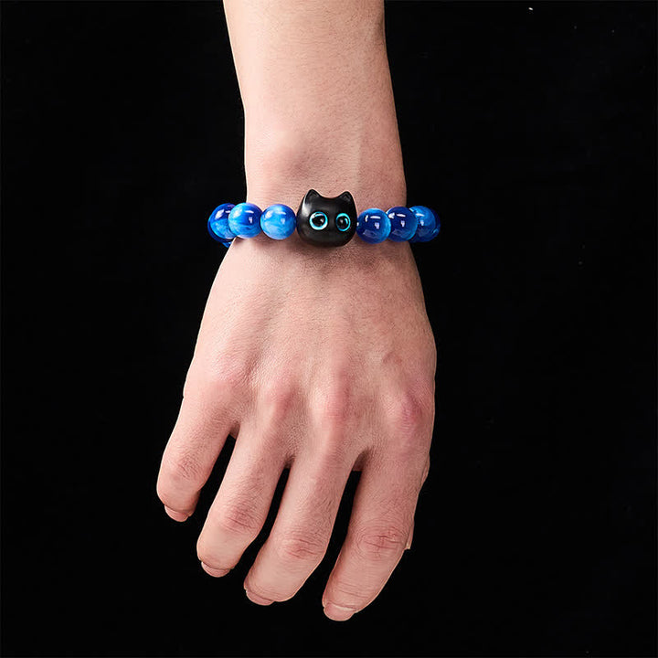 Buddha Stones Blue Resin Beads Ebony Wood Cat Balance Bracelet - image 4