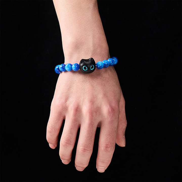 Buddha Stones Blue Resin Beads Ebony Wood Cat Balance Bracelet - image 13